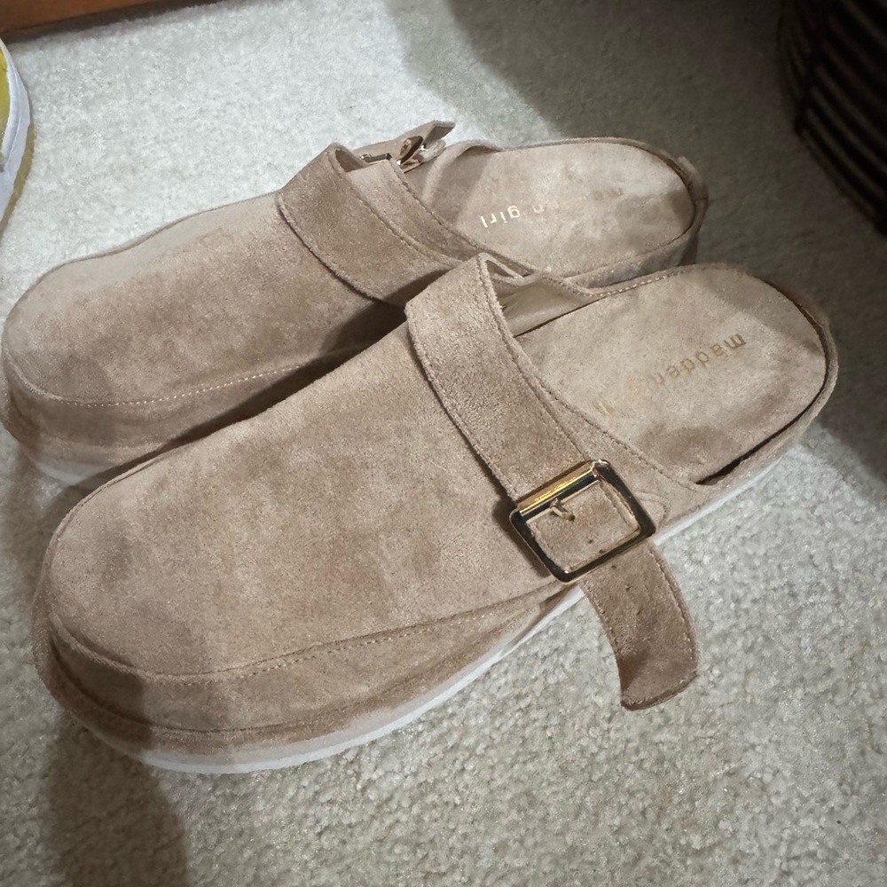 Madden Girl Tan Suede Mules with Buckle